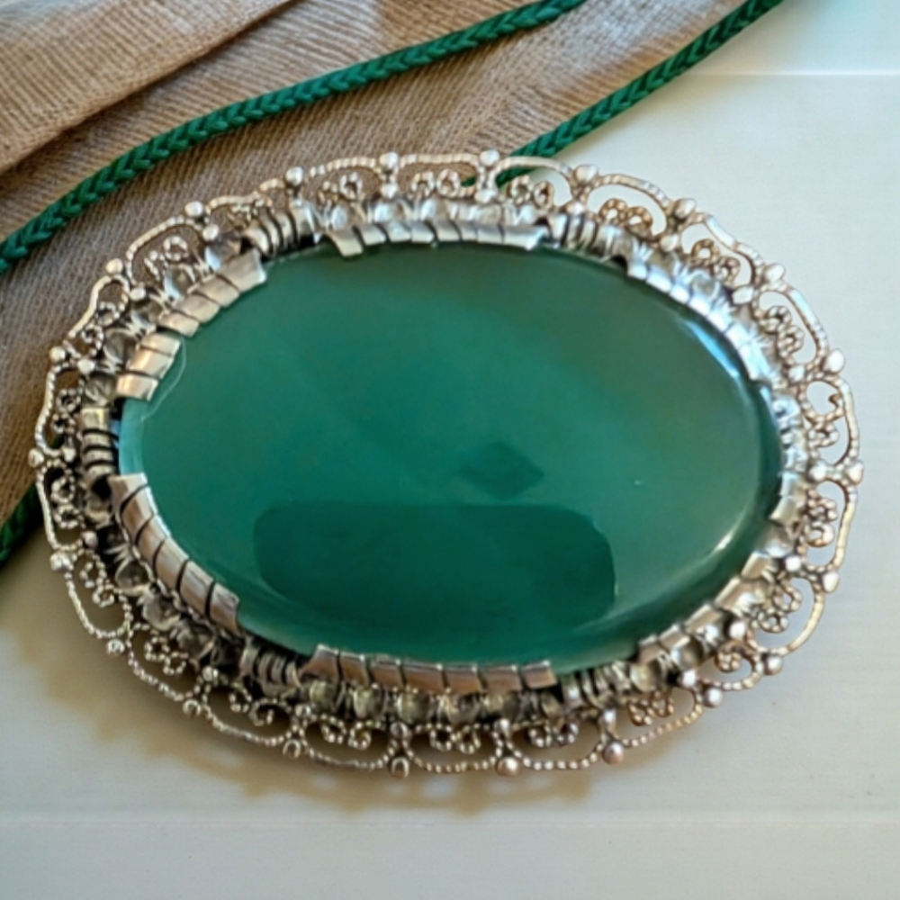 Genuine Antique Jadeite Oval Brooch With Intricate Silver Filigree Setting